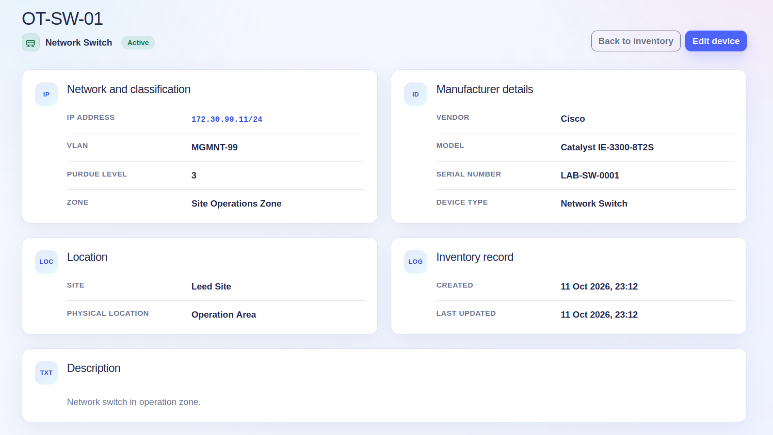 Bright detailed OT network switch record with classification, manufacturer, location, dates, and description