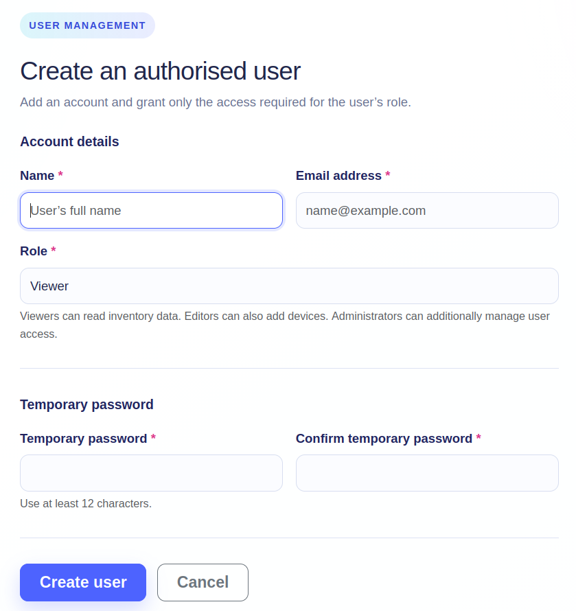 Create authorised user form with role and temporary-password fields