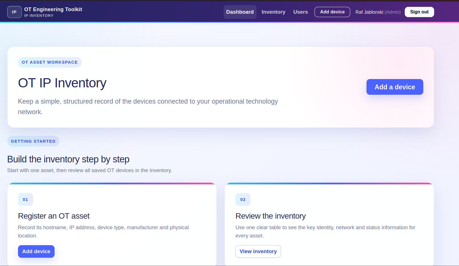 Bright OT IP Inventory dashboard with links to register and review industrial assets