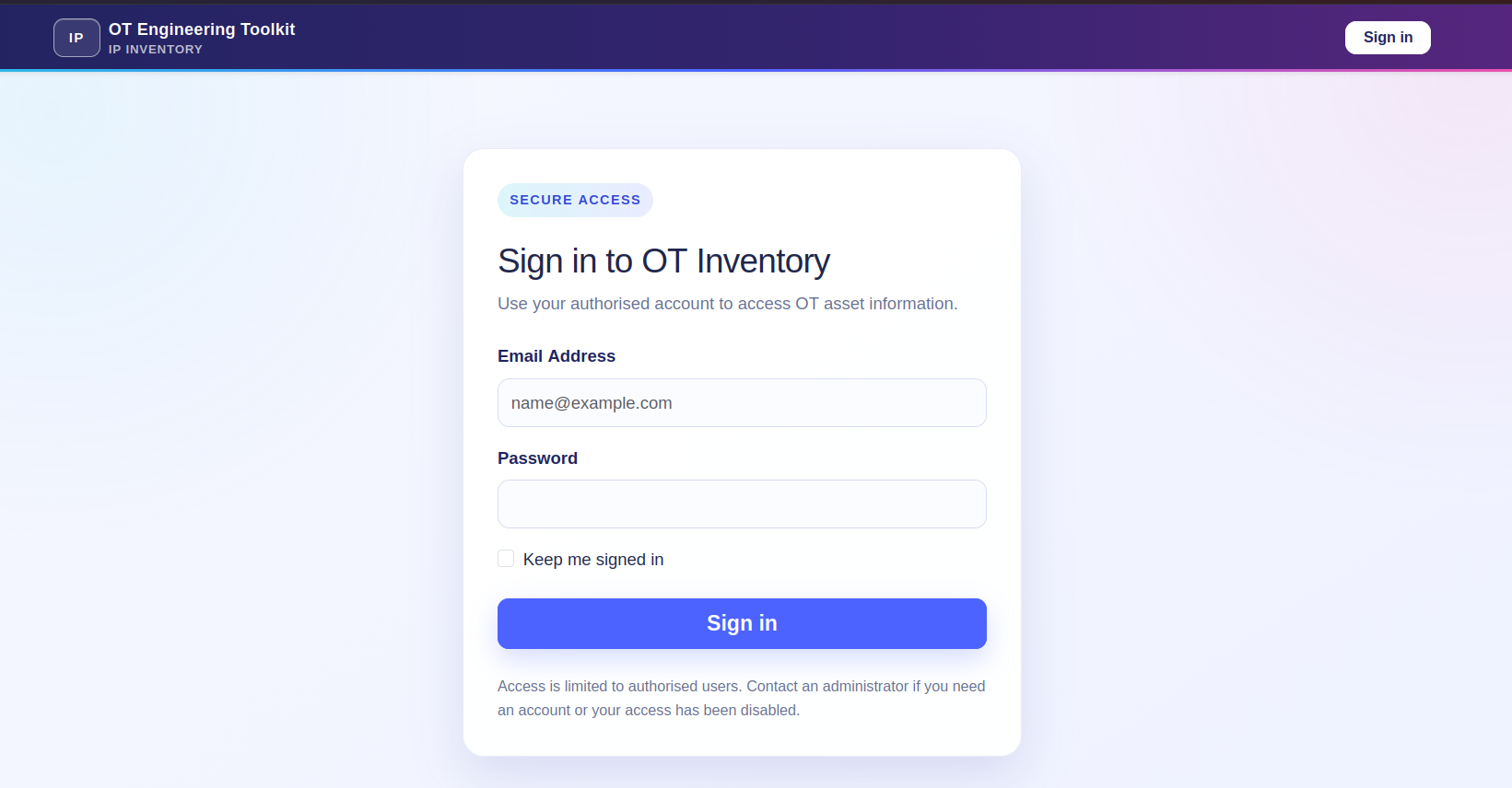 Bright sign-in page for authorised OT Inventory users