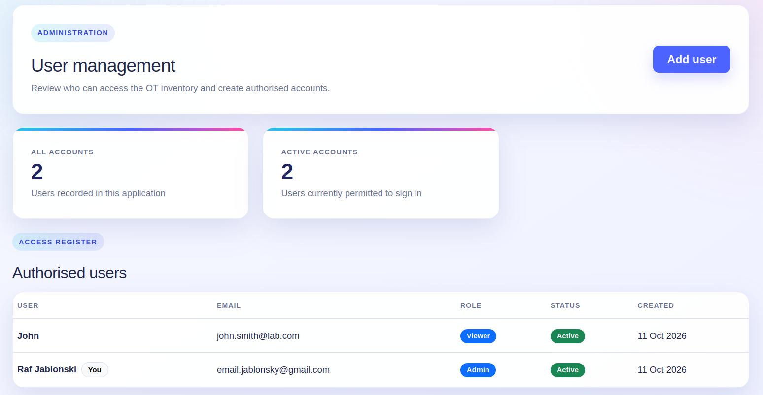 Bright OT inventory user-management page listing authorised users, roles, and account status
