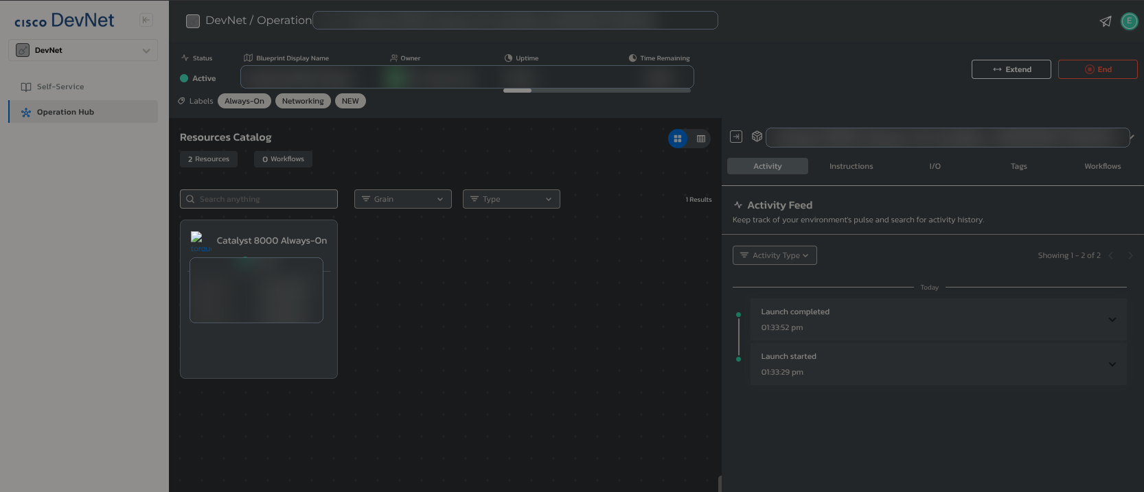 Cisco DevNet Catalyst 8000 Always-On Sandbox portal showing active lab resources and connection details