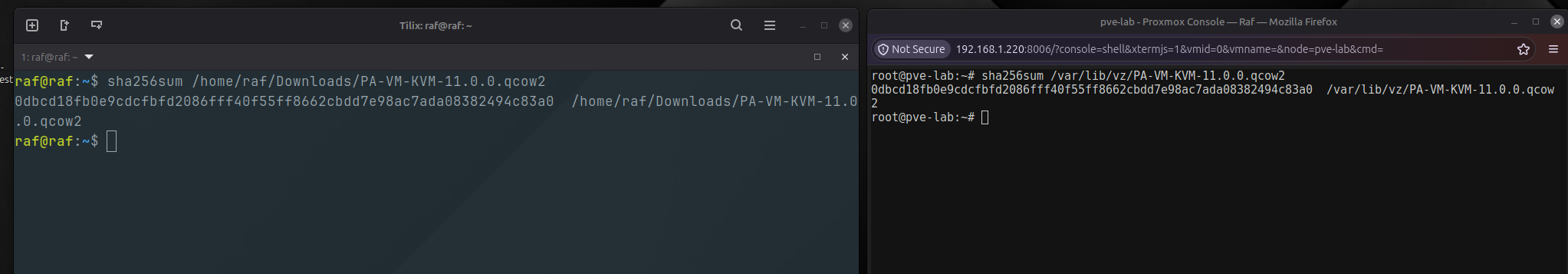 Matching SHA-256 checksums for the Palo Alto image on the workstation and Proxmox server