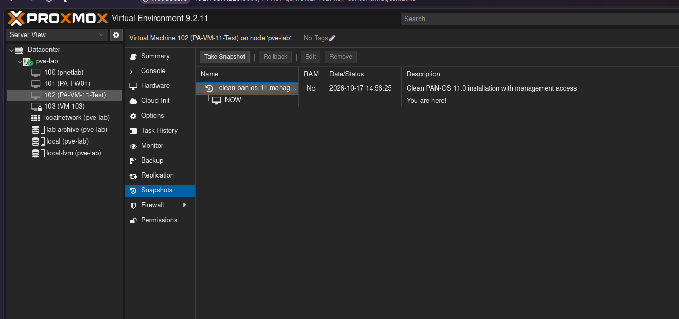 Proxmox snapshot view showing a clean PAN-OS 11 management baseline snapshot
