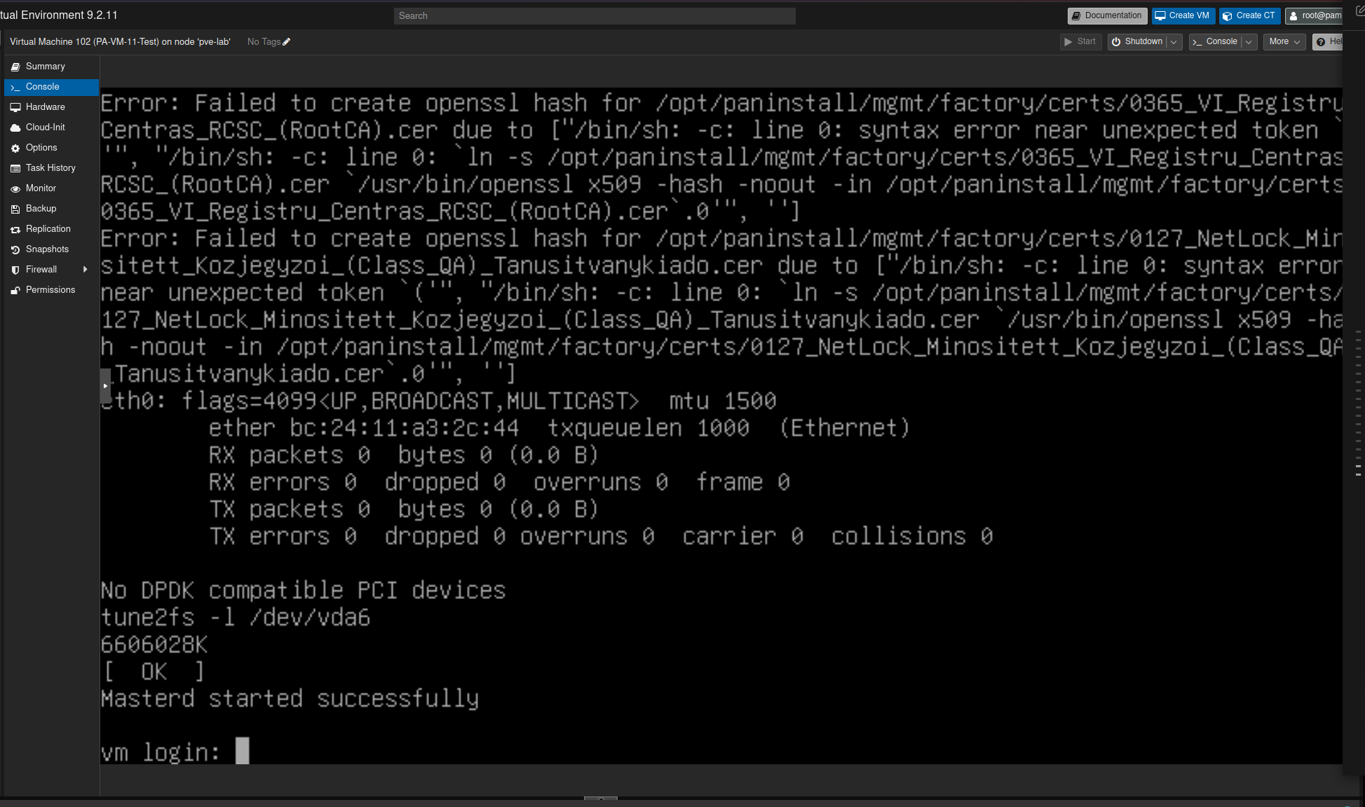 Palo Alto serial console reaching the VM login prompt after first boot on Proxmox