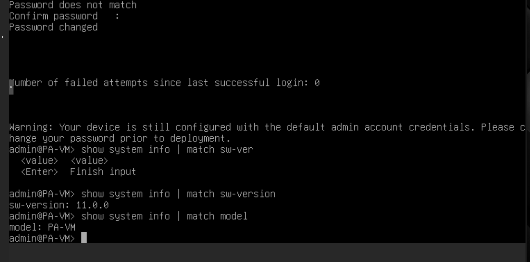 Palo Alto CLI showing PAN-OS software version 11.0.0 and PA-VM model
