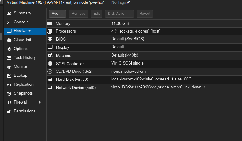 Proxmox hardware page showing the Palo Alto VM with four host CPU cores, 11 GiB memory, a 60 GiB VirtIO disk, and disconnected management interface