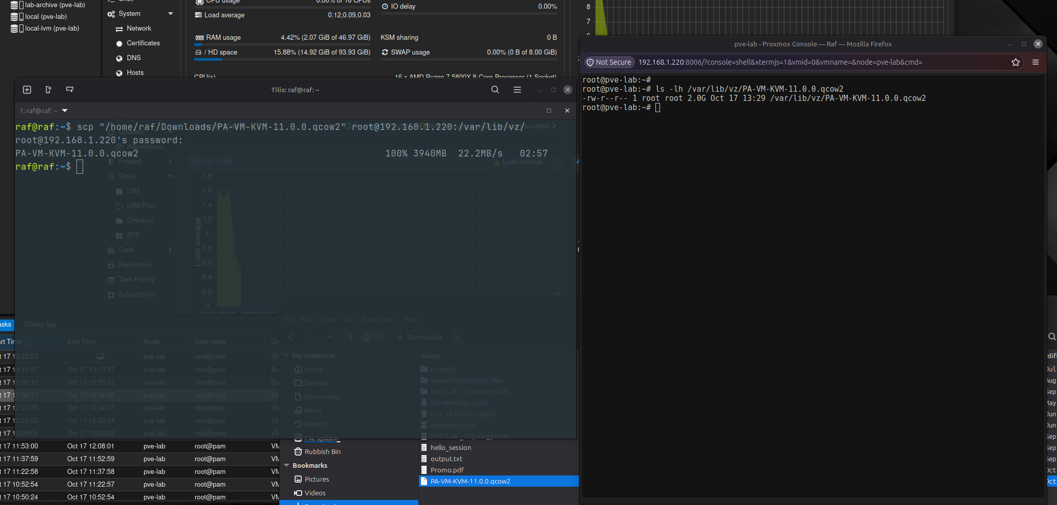 Terminal showing the Palo Alto QCOW2 image transferred successfully to the Proxmox host
