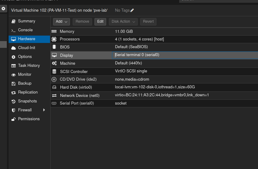 Proxmox hardware configuration showing Serial terminal 0 and serial0 socket for the Palo Alto firewall VM