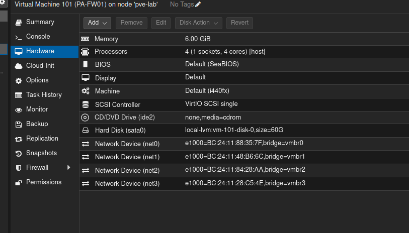 Proxmox hardware view for PA-VM 101 showing net0 on vmbr0 and three E1000 data adapters on vmbr1, vmbr2, and vmbr3