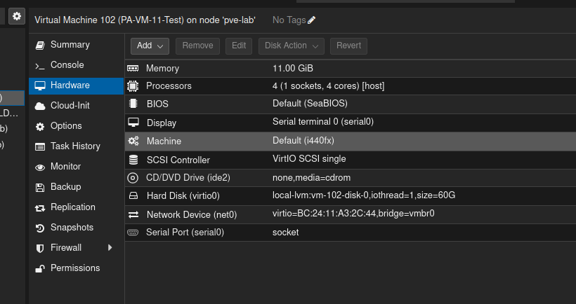 Proxmox hardware view for PA-VM 102 before data adapters were added, showing only net0 on vmbr0