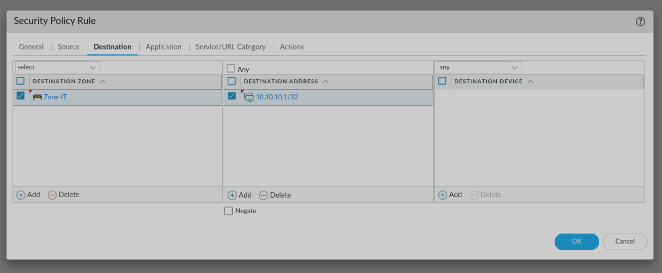 Palo Alto temporary security rule destination showing Zone-IT and 10.10.10.1 slash 32