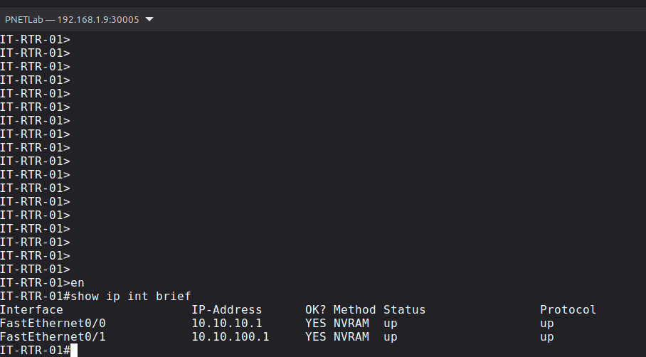 Cisco IT router show ip interface brief output with both routed interfaces up and up