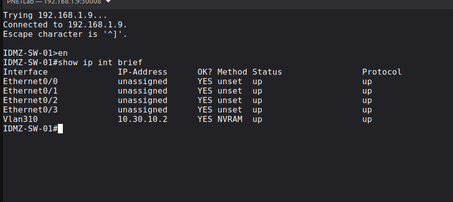 Cisco OT core switch show ip interface brief output listing the management and planned OT VLAN interfaces