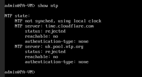 Palo Alto show ntp output reporting local clock use and both NTP servers unreachable