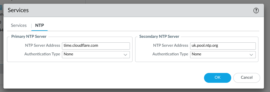 Palo Alto NTP configuration dialog with primary and secondary NTP server names