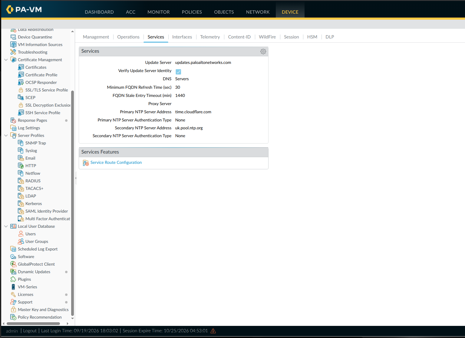 Palo Alto services summary showing DNS and both configured NTP servers