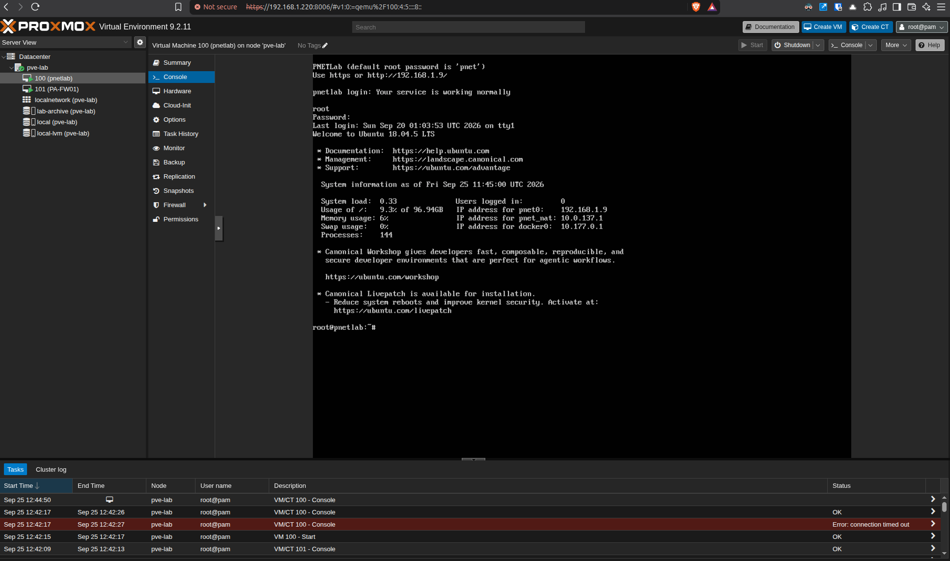 PNETLab console showing successful Ubuntu startup and the PNETLab management address