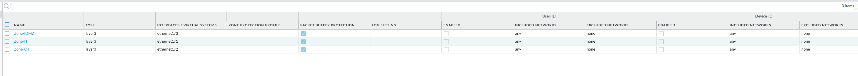 Palo Alto zone table listing Zone-IDMZ, Zone-IT, and Zone-OT with their assigned interfaces