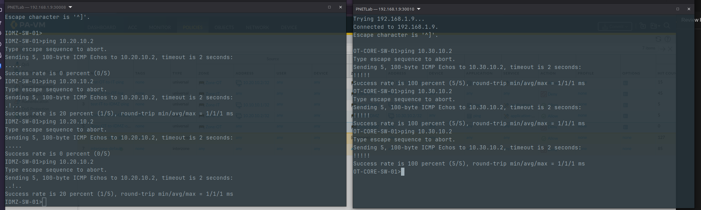 IDMZ switch console showing failed attempts towards the OT network while the OT Core can reach the IDMZ destination